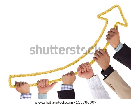 Hands holding yellow rope forming arrow pointing upwards