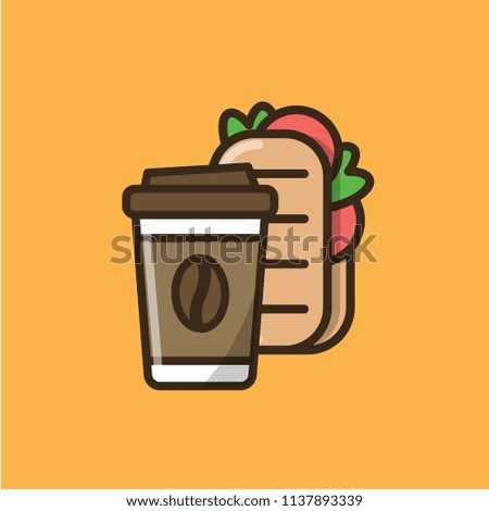 Coffee drink in paper cup with cap and ciabatta sandwich. Colorful isolated vector icon in flat style with outline for your project