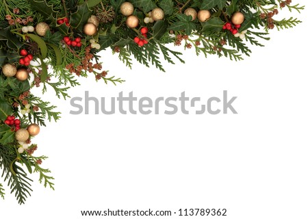 Christmas seasonal  border of holly, ivy, mistletoe, cedar leaf sprigs with pine cones and gold baubles over white background.