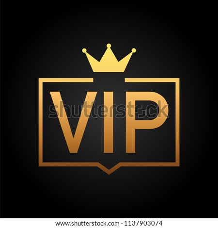 Golden symbol of exclusivity, the label VIP with glitter. Very important person - VIP icon on dark background Sign of exclusivity with bright, Golden glow. Vector stock illustration. Royalty-Free Stock Photo #1137903074