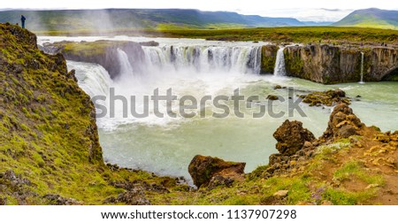 Panoramic view of beautiful, high and huge Godafoss waterfall on North Iceland, summer time