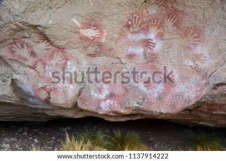 Rock drawings and handprints in caves of Cueva de las Manos, Santa Cruz, Patagonia, Argentina