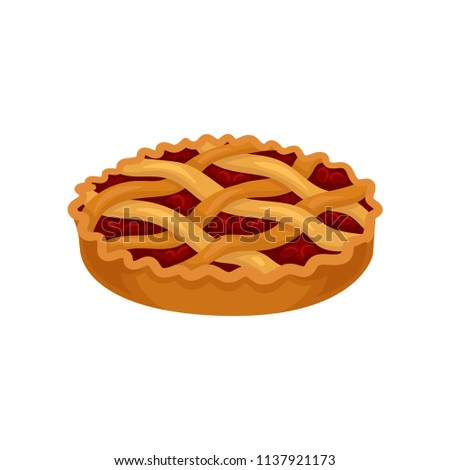 Flat vector icon of freshly baked pie with cherry filling. Sweet food. Delicious dessert. Element for promo poster of pastry store