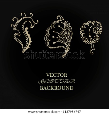 Set of shiny flowers in dudling style on a black background. Vector illustration. The concept of invitations, business cards.
