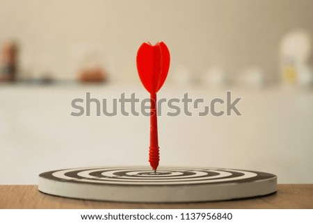Red dart arrow hitting in the target center of dartboard, image for success business, target concept                        