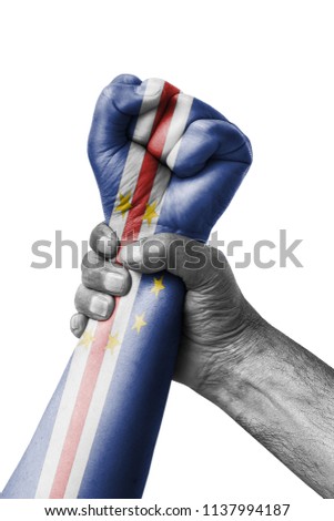 Fist painted in colors of cape verde  flag, fist flag, country of cape verde 