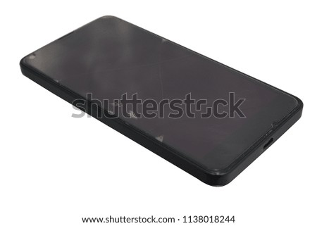 Broken screen mobile smartphone isolated on white background.