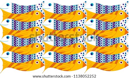 Fish and birds. Wallpaper, gift wrapping paper, decorative paper, background for web, background for label, color and size in vector drawings.