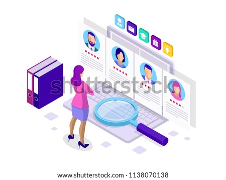 Isometric hiring and recruitment concept for web page, banner, presentation. Job interview, recruitment agency vector illustration Royalty-Free Stock Photo #1138070138