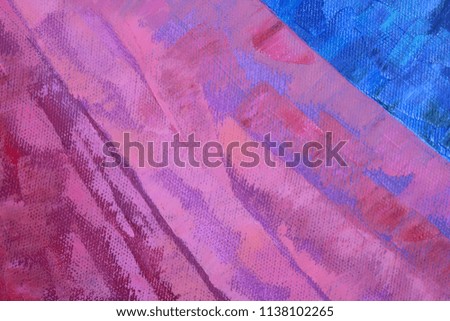 Fragment of abstract artwork close up. Large  brush strokes of lilac, pink and purple. Oil paint is applied to canvas with a palette knife.