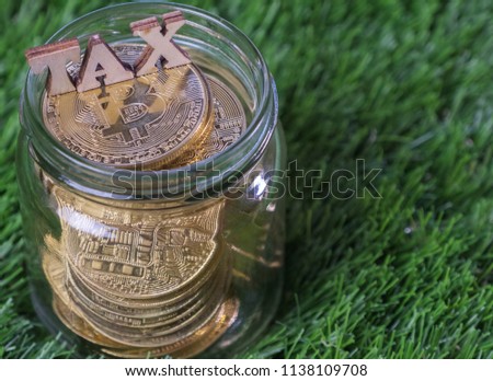 TAX word with bitcoin in mason jar over green grass