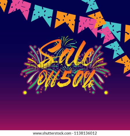 sale 50%, beautiful greeting card background or banner with firework theme. vector