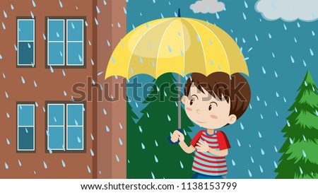 Young boy with umbrella walking in rain illustration