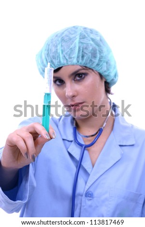 Doctor isolated on white, beautiful nurse woman, healthcare photo