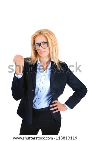 Isolated young business woman power