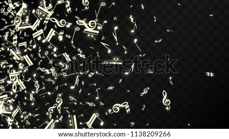 Magic Musical Notes on Black Background. Vector Luminous Musical Symbols. 
 Many Random Falling Notes, Bass and Treble Clef.
 Magic Jazz Background.  Abstract Black and White Vector Illustration.