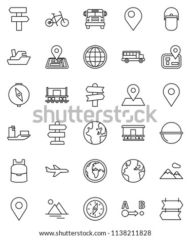 thin line vector icon set - camping cauldron vector, backpack, compass, school bus, world, bike, signpost, navigator, earth, map pin, Railway carriage, plane, ship, route, globe, mountain