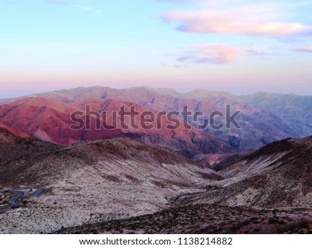The sunset over Dante's View. Dante's View is a viewpoint terrace at 1,669 m, on the north side of Coffin Peak, along the crest of Black Mountains, overlooking Death Valley, California (USA).