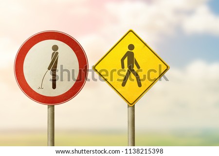 Vandalism, exhibitionist, incontinence - man goes away from the pissing man.  Road signs.
