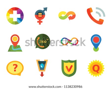Checkmark icons set with question mark in speech bubble, map pointer and quality label. Thirteen vector icons