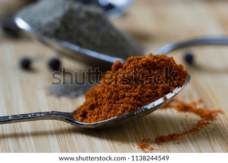Spices on teaspoons. Chili close up picture. 