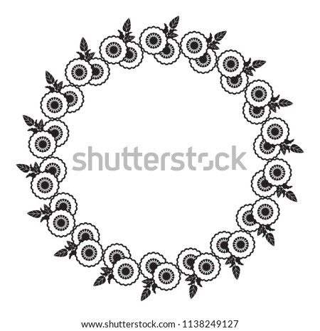 Black and white round frame with abstract flower silhouettes. Copy space. Vector clip art.