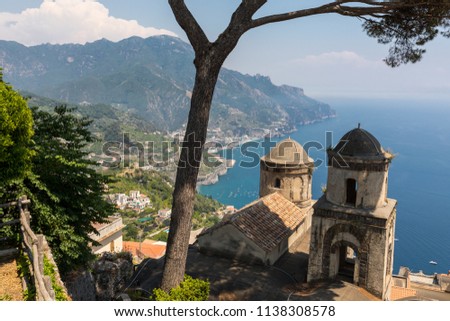 View over Gulf of Salerno from Villa Rufolo, Ravello, Campania, Italy