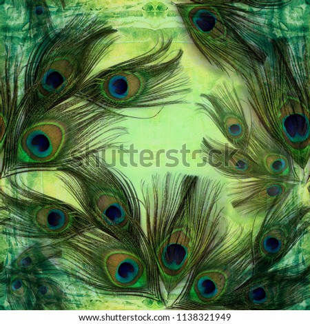 Peacock feathers on watercolor background. A collage of feathers on the background of watercolors. Seamless pattern. A collage of feathers. Repeating pattern of feathers. 