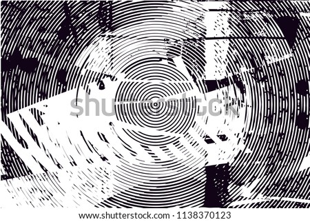 Distressed background in black and white texture with circles, spots, scratches and lines. Abstract vector illustration