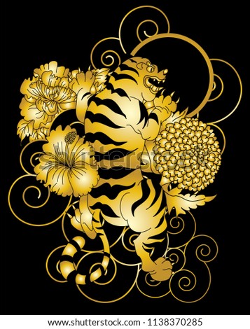 Tiger with peony and marigold flower on cloud background design for tattoo.Japanese Panther traditional tattoo idea.