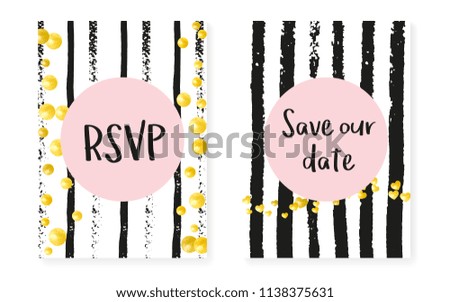 Gold glitter confetti with dots and sequins. Wedding and bridal shower invitation cards set. Vertical stripes background. Creative gold glitter confetti for party, event, save the date flyer.