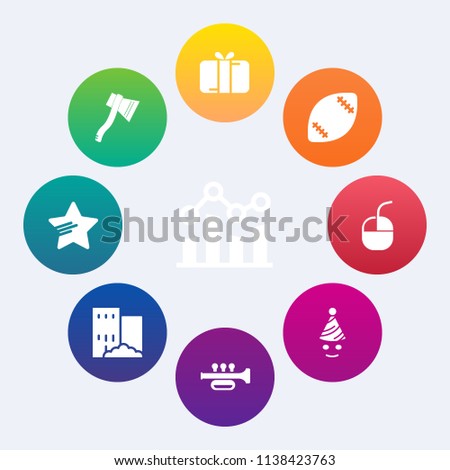Modern, simple vector icon set on colorful circle backgrounds with trumpet, up, mouse, football, finance, sound, chart, financial, fun, work, decoration, computer, star, graph, trend, axe, sign icons