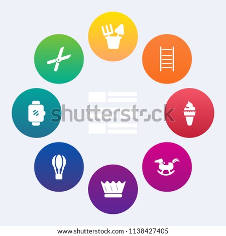 Modern, simple vector icon set on colorful circle backgrounds with sweet, metal, work, news, cut, gardening, web, balloon, toy, tool, baby, ice, horse, duck, transport, ladder, pruning, media icons