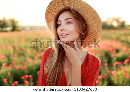 Graceful long-haired woman  looking on horizon  , enjoying freedom. Seductive girl posing in poppy field.  Warm sunset light. 