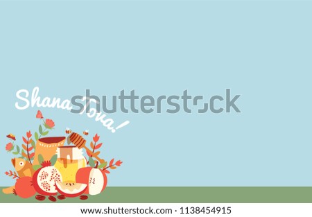 Rosh hashanah or Jewish new year with shofar and symbolic foods: honey, apple, fish, dates, and pomegranate, blue background banner, illustration, vector