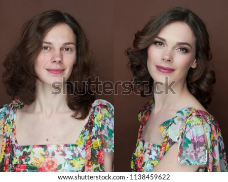 Before and after make up, beautiful woman with blonde wavy hair, festive  make-up, fashion look, glowing healthy clean skin. 