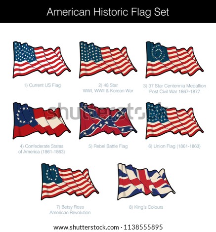 American Historic Waving Flag Set. The set includes flags from the Revolutionary, Civil, Korean and both World Wars. Vector Icons all elements neatly on Layers. Sepia overlay on a separate layer