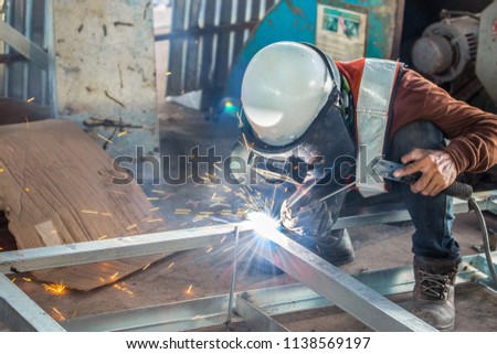 The welder in the operate,Employee welding U-steel using welder machine