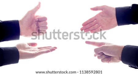 Photo set Man hand  giving thumbs up,ready to help or receive,pointing,shake hands,isolated on white background