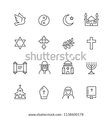 Religion related icons: thin vector icon set, black and white kit Royalty-Free Stock Photo #1138600178