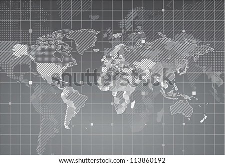 World map with textured countries. Vector illustration.