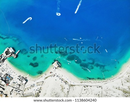 Aerial helicopter shoot on island KRK, Croatia. wakeboard park in Adriatic sea. Iceland Pag.
