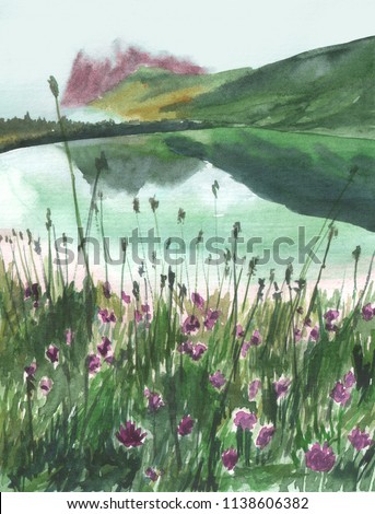 Hand drawn watercolor illustration. Cloudy landscape with lake, reflection on the water, mountains and flowers.