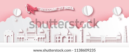 Panorama of top world famous landmark of India,paper cut style vector illustration.