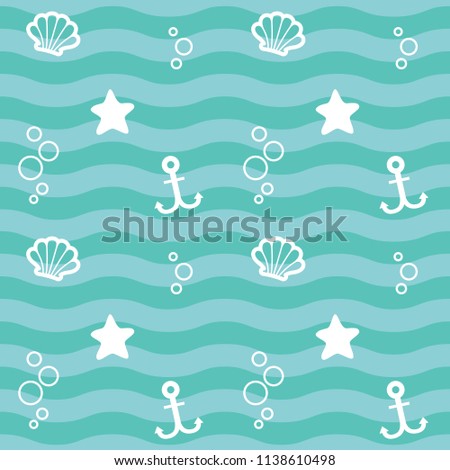 Nautical Blue Green Seamless Pattern with White Elements: Wave, Shell, Starfish and Anchor Design Vector Illustration
