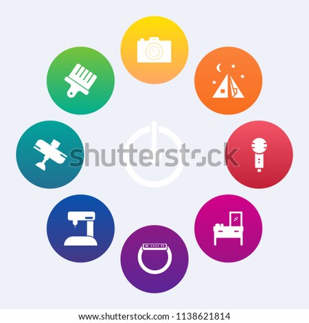 Modern, simple vector icon set on colorful circle backgrounds with technology, furniture, switch, machine, photographer, cabinet, outdoor, tent, camp, energy, off, photography, adventure, plane icons