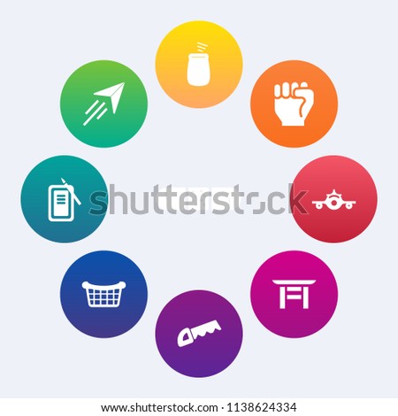 Modern, simple vector icon set on colorful circle backgrounds with plane, human, ink, inkstone, sound, computer, torii, concept, construction, white, fly, medical, japanese, business, japan, saw icons