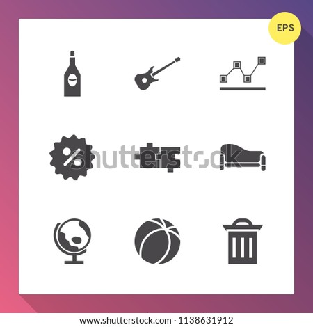 Modern, simple vector icon set on gradient background with world, red, couch, trash, wine, global, chart, room, price, drink, data, sport, recycle, music, bottle, puzzle, planet, musical, winery icons