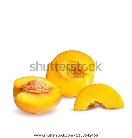 Fresh, nutritious, tasty peach. Delicious and healthy dessert. Elements for label design. Vector illustration. Fruits ingredients in triangulation technique. Peach low poly. 