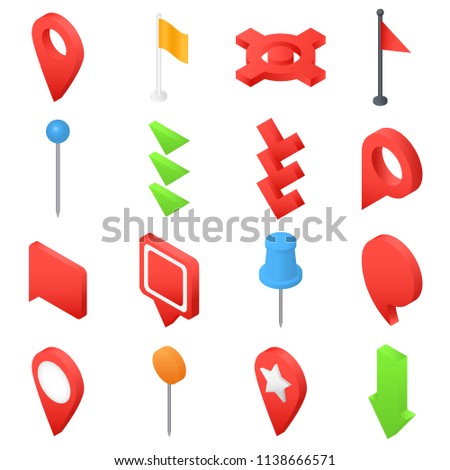 Map pointer pin arrow compass icons set. Isometric illustration of 16 map pointer pin arrow compass vector icons for web